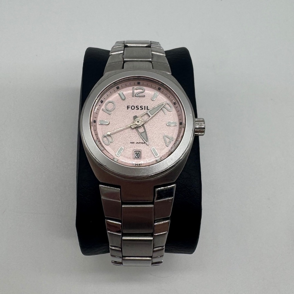 Fossil AM-4311 Pink Dial Stainless Steel 10 ATM Date Watch Womens needs bat